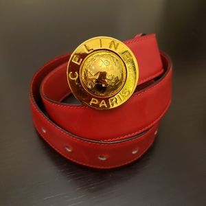 Vintage Celine red leather globe dome buckle belt